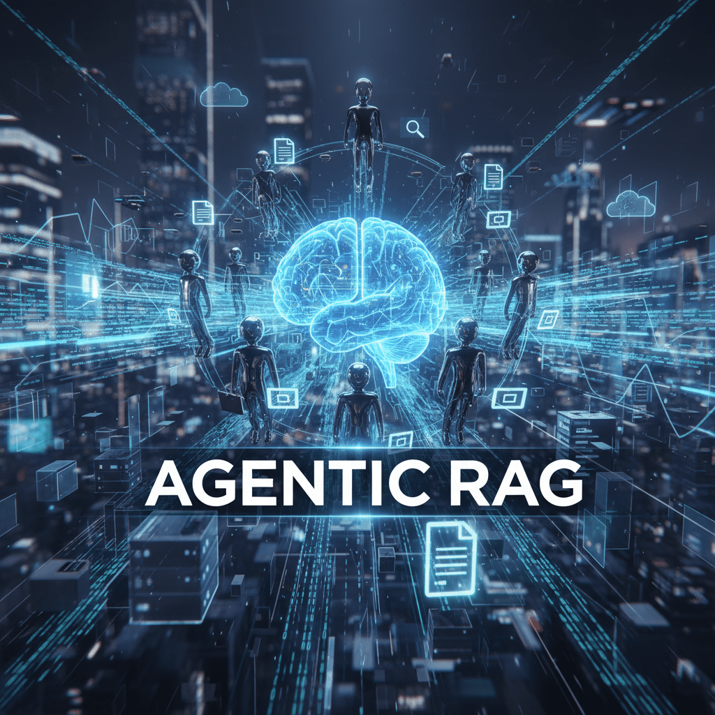 Futuristic business illustration showing a central AI brain connected to digital agent nodes and data streams, with document icons symbolizing smart retrieval. Bold title reads 'Agentic RAG