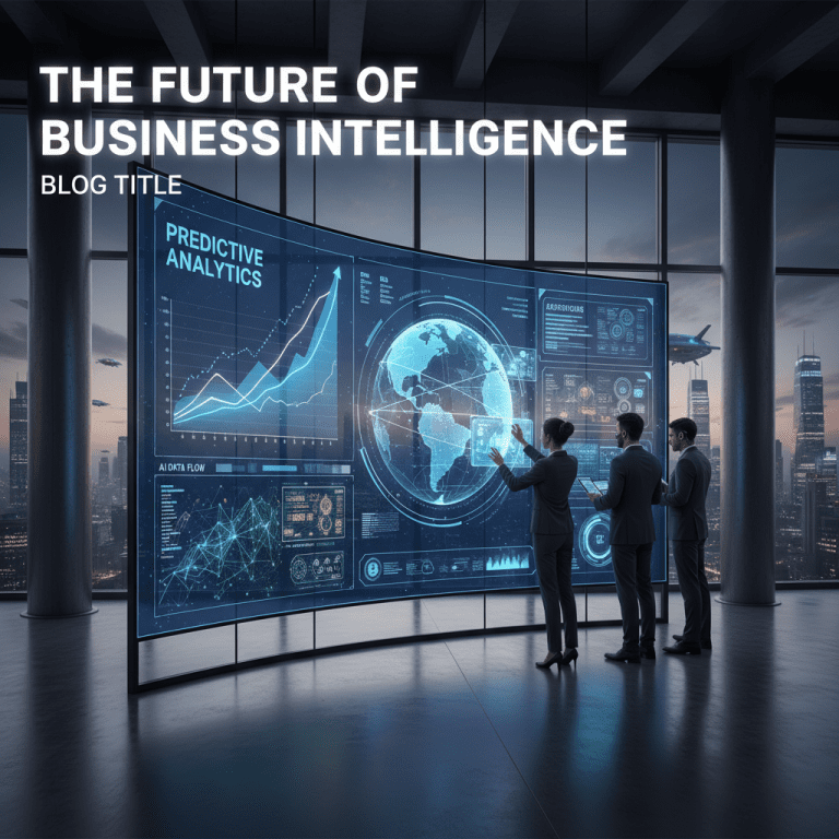 "Futuristic dashboard with predictive analytics graphs, AI data streams, and business professionals analyzing digital interfaces, representing software-driven business forecasting."
