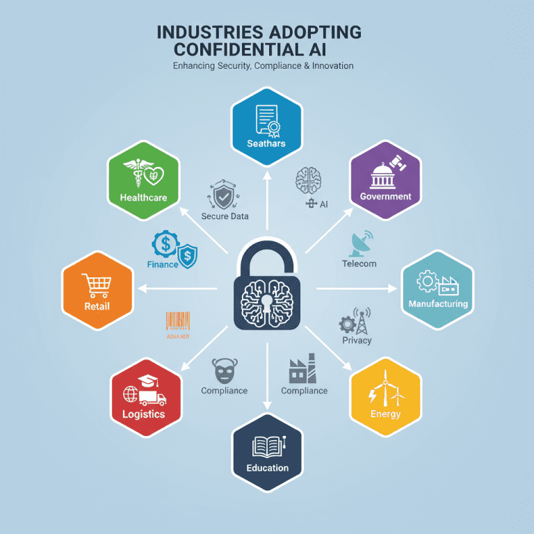 Infographic illustrating industries such as healthcare, finance, government, retail, telecom, manufacturing, energy, education, and logistics benefiting from Confidential AI adoption, with icons for data security, AI, and compliance.