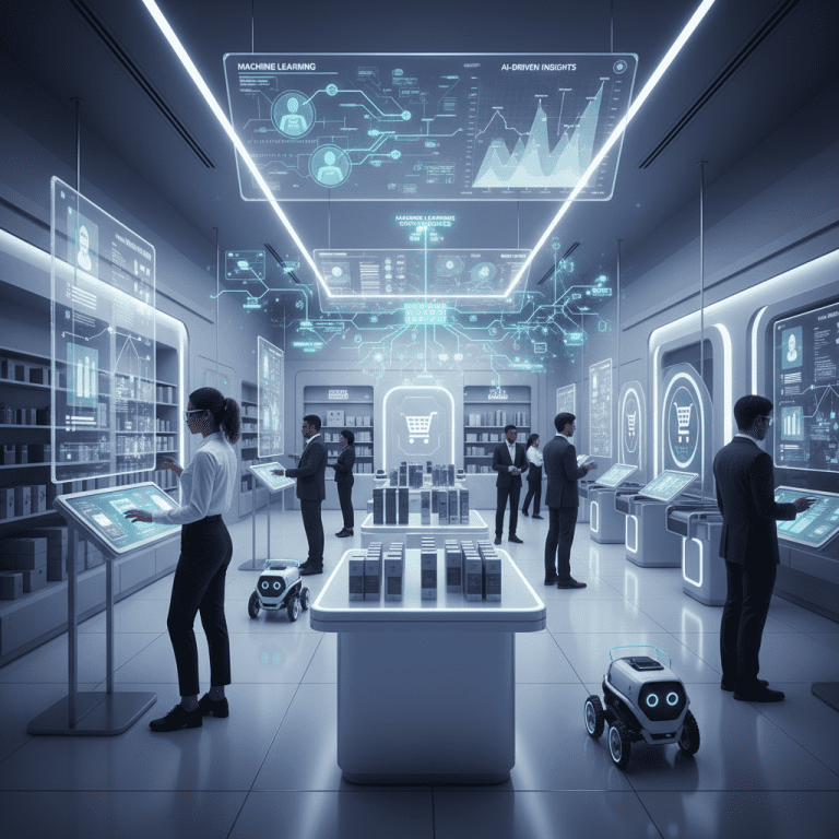 Illustration of a futuristic retail store featuring AI-powered recommendations, automated checkout, and digital data analytics, highlighting how machine learning is transforming the retail sector