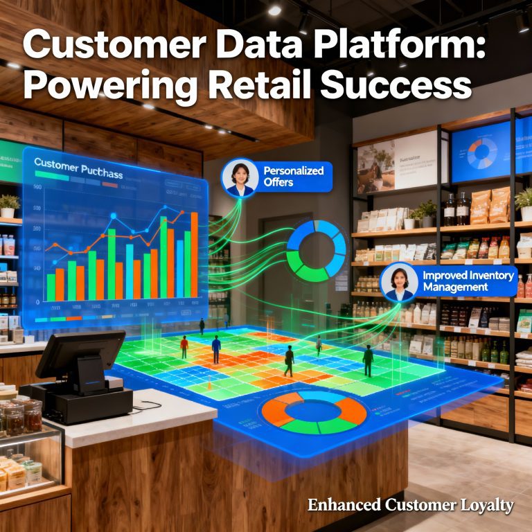Feature image showing customer data platform (CDP) benefits for retail businesses, with colorful data analytics visuals and modern retail store elements.