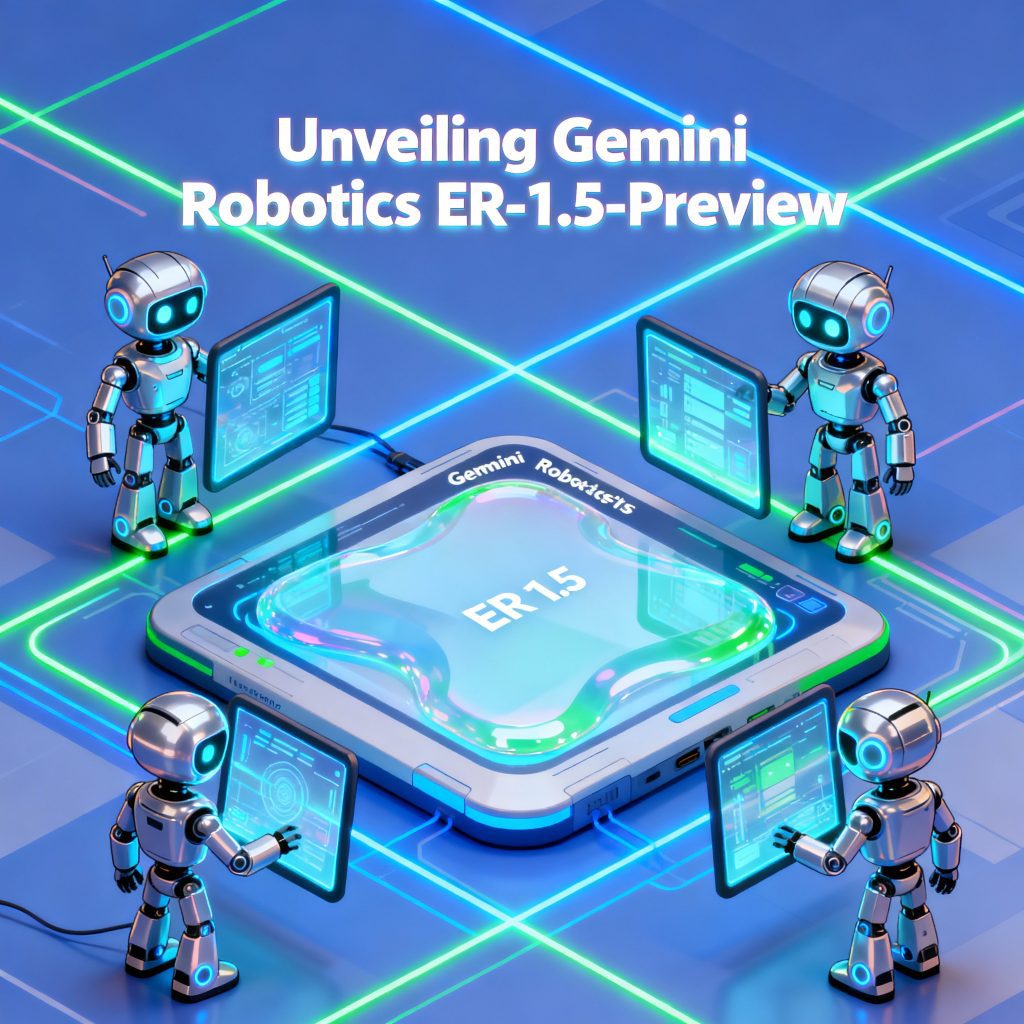 Cartoon-style illustration of Gemini Robotics ER-1.5 robot in a futuristic lab with digital vision panels and scientists interacting, symbolizing advanced robotic intelligence.