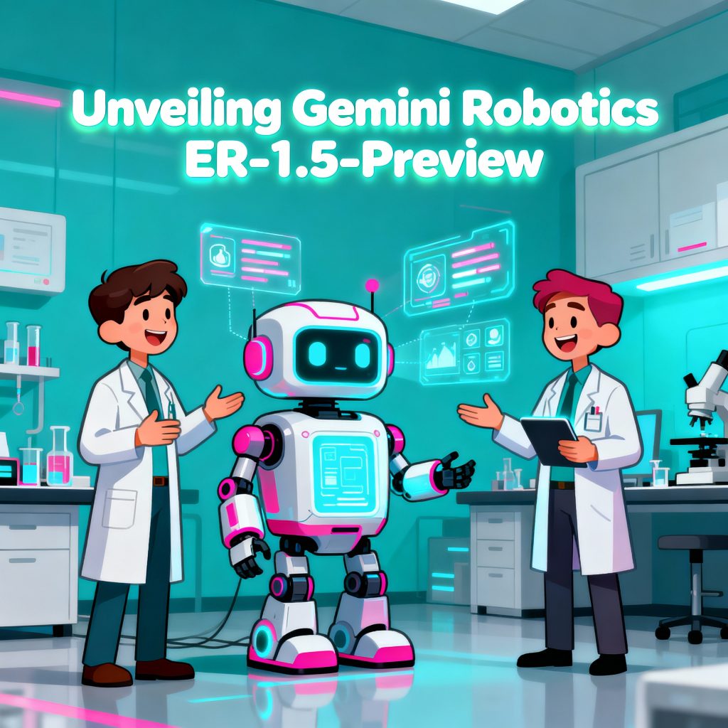 Cartoon-style illustration showing a futuristic robot in a laboratory, digital interface panels, vision overlays, and scientists interacting, representing Gemini Robotics ER-1.5-Preview