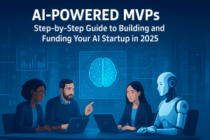 A diverse team of professionals and a humanoid robot collaborate in a futuristic office surrounded by holographic AI visuals and digital data charts, symbolizing innovation, technology, and AI-driven startup development.