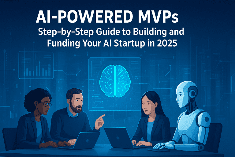 A diverse team of professionals and a humanoid robot collaborate in a futuristic office surrounded by holographic AI visuals and digital data charts, symbolizing innovation, technology, and AI-driven startup development.