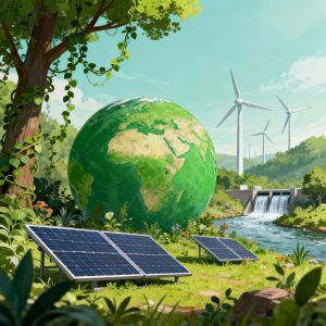 Earth surrounded by solar panels, wind turbines, and greenery representing sustainability and renewable energy.