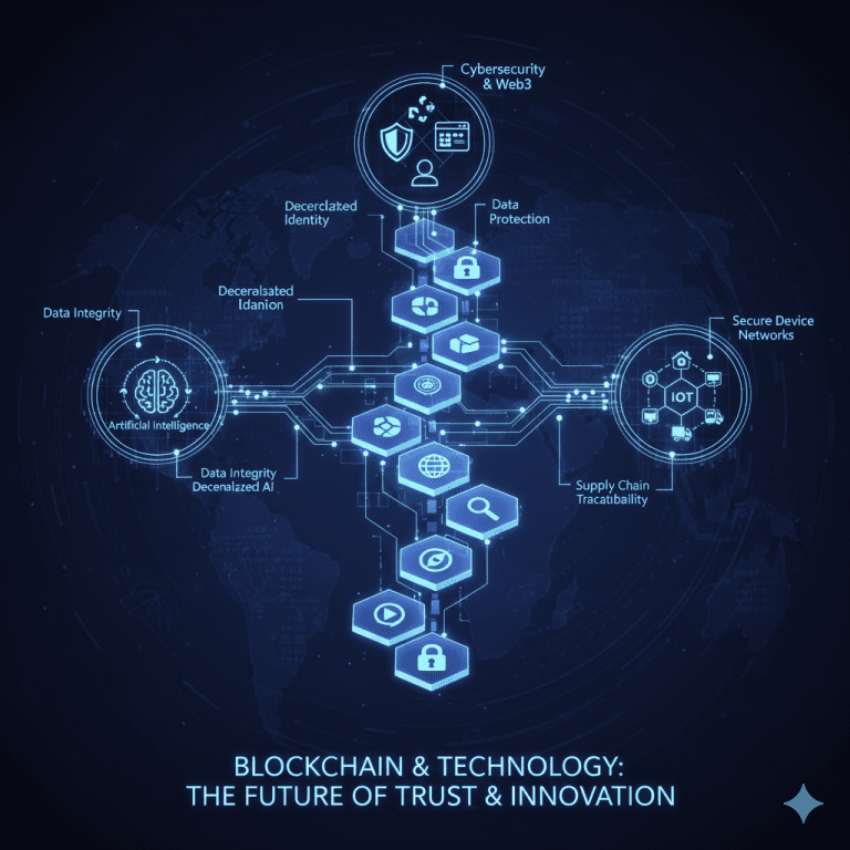 A futuristic infographic titled 'BLOCKCHAIN & TECHNOLOGY,' showing a central blockchain icon connected to other technologies like AI, IoT, Cybersecurity, DeFi, NFTs, and Web3.