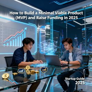 Startup founders collaborating over digital MVP wireframes, with growth charts and investment icons in a modern business environment, representing MVP development and funding in 2025