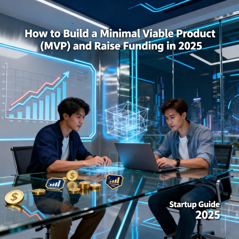 Startup founders collaborating over digital MVP wireframes, with growth charts and investment icons in a modern business environment, representing MVP development and funding in 2025