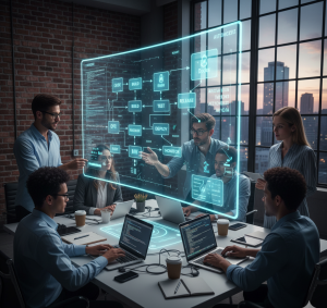 Team collaborating on DevOps workflow with automation tools