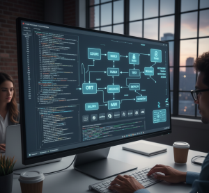 Computer screen showing code and DevOps automation tools