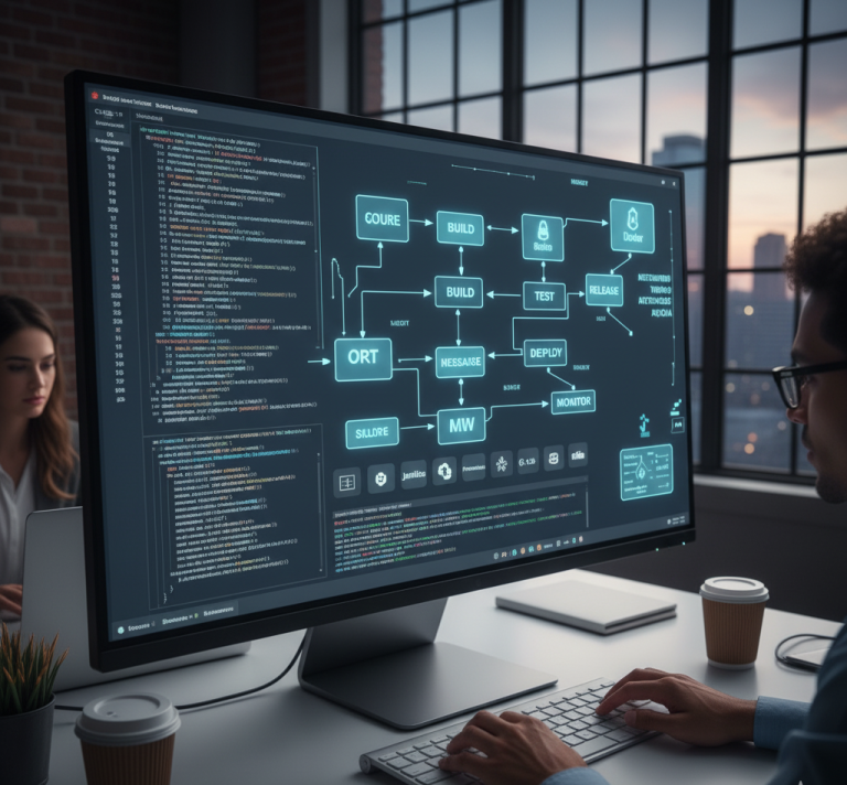 Computer screen showing code and DevOps automation tools