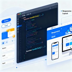 Illustration of frontend development showing a laptop with code editor, browser window, and UI components.