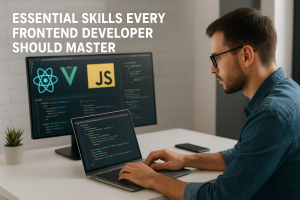 frontend developer working on HTML CSS JavaScript with laptop
