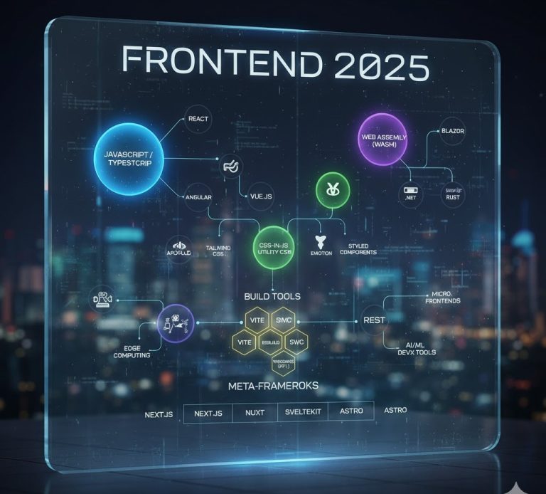 A futuristic, holographic flowchart titled "Frontend 2025" that maps the relationships between major technologies. Key nodes include JavaScript/TypeScript, React, Vue.js, Angular, WebAssembly (Wasm), various Build Tools (like Vite and swc), CSS-in-JS solutions, and Meta-Frameworks (Next.js, Nuxt, SvelteKit, Astro).