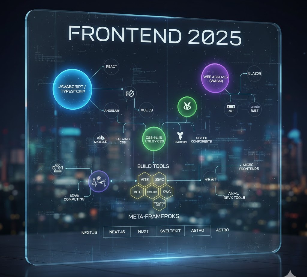 A futuristic, holographic flowchart titled "Frontend 2025" that maps the relationships between major technologies. Key nodes include JavaScript/TypeScript, React, Vue.js, Angular, WebAssembly (Wasm), various Build Tools (like Vite and swc), CSS-in-JS solutions, and Meta-Frameworks (Next.js, Nuxt, SvelteKit, Astro).
