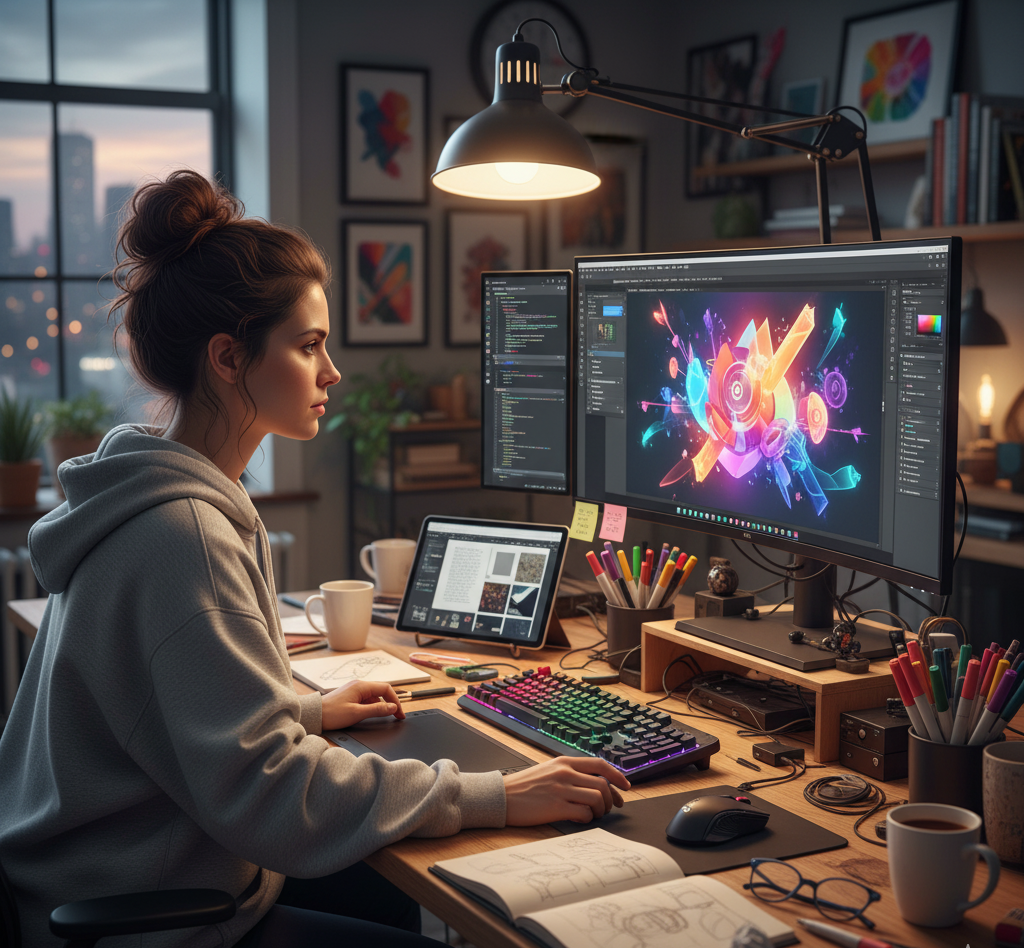 Graphic designer using multiple digital design tools on a creative workspace.