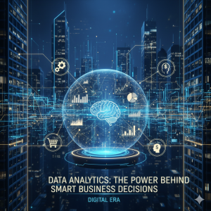 Futuristic digital city with glowing data analytics icons and brain hologram symbolizing smart business intelligence