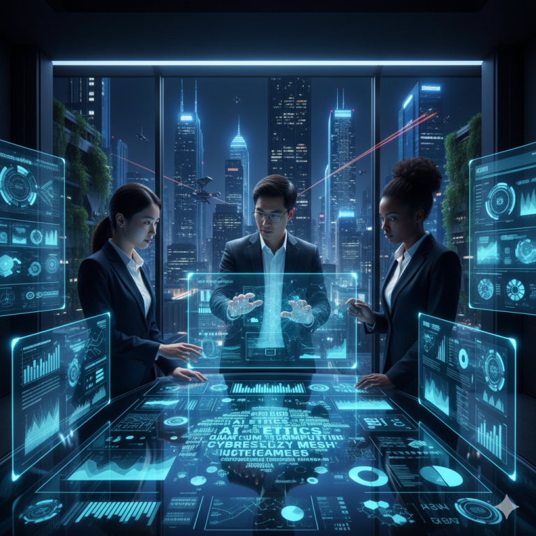 IT consultants analyzing future technology trends using data analytics dashboard