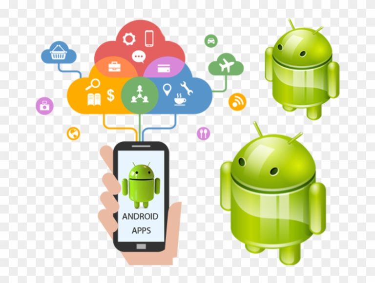 Illustration showing a hand holding a smartphone with the Android logo on the screen and the text "ANDROID APPS," connected via colorful lines to various icons representing different app categories and cloud services.