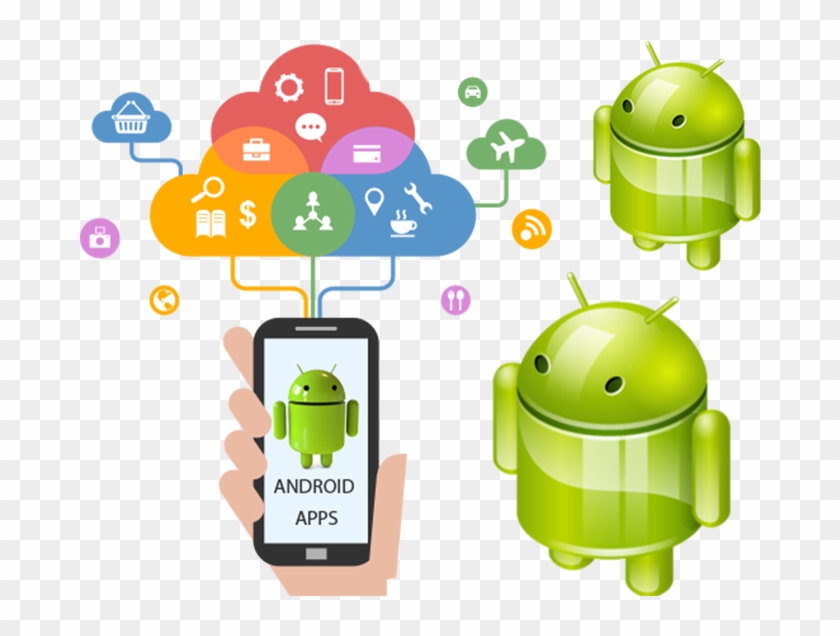 Illustration showing a hand holding a smartphone with the Android logo on the screen and the text "ANDROID APPS," connected via colorful lines to various icons representing different app categories and cloud services.
