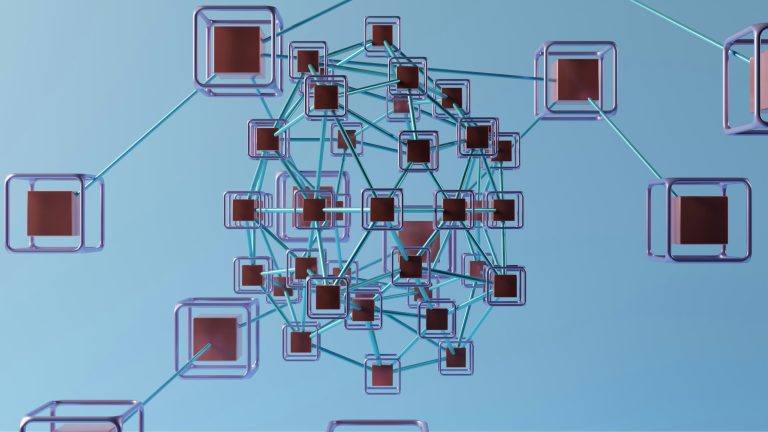 Connected blockchain network nodes with glowing chains linking distributed ledger blocks
