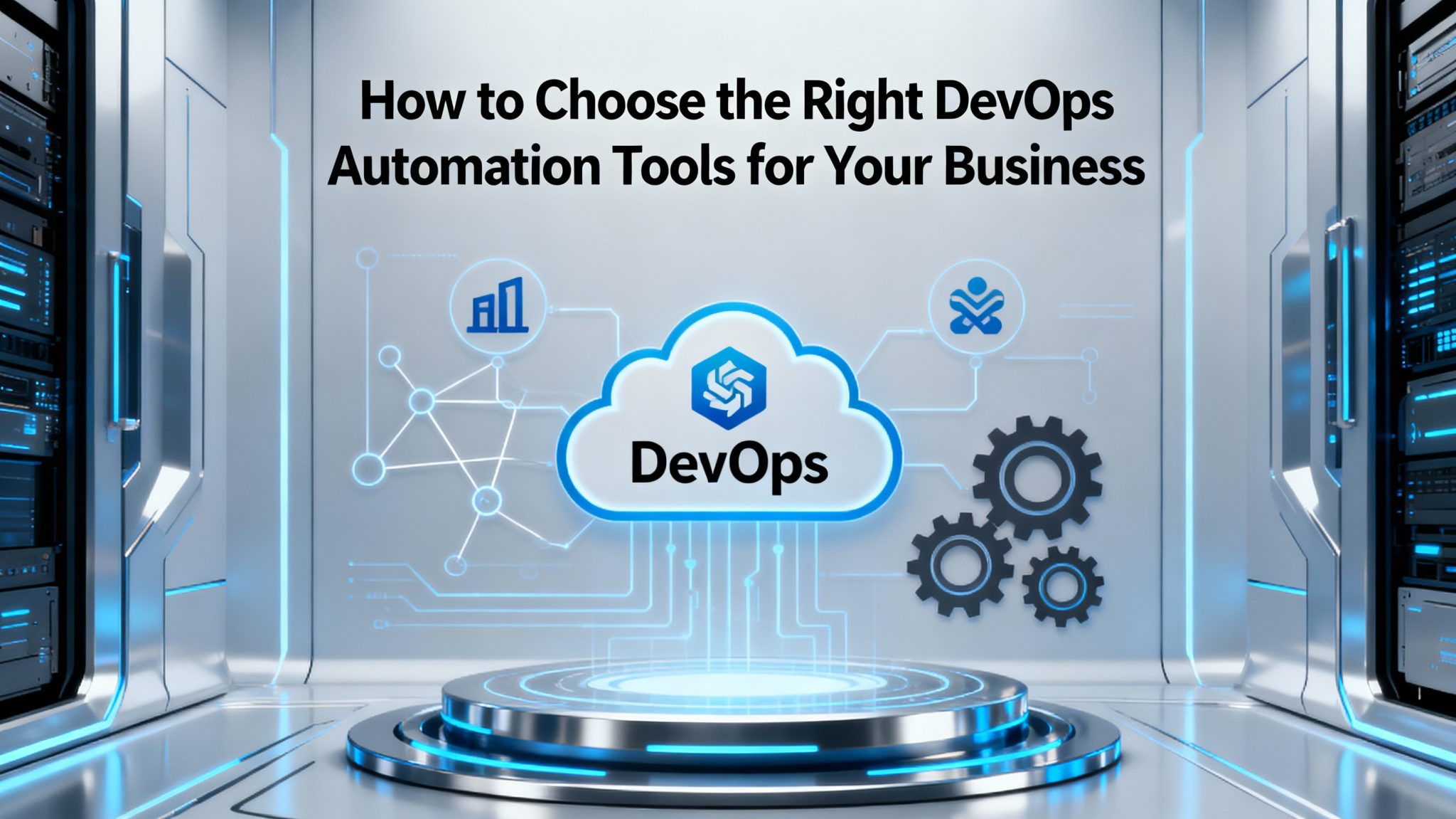 Futuristic business-themed illustration showing interconnected DevOps icons, cloud symbols, and automation gears around a central laptop dashboard, with the title text 'How to Choose the Right DevOps Automation Tools for Your Business' displayed prominently on a clean, dark-blue 16:9 background