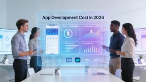 Futuristic 16:9 business illustration showing a diverse professional team in a modern digital workspace, reviewing mobile app wireframes and cost breakdown charts on large transparent screens, with iOS, Android, and web icons, cool blue and purple gradients, and the title “App Development Cost in 2026” displayed prominently.
