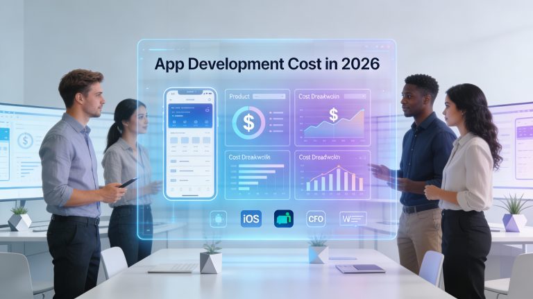 Futuristic 16:9 business illustration showing a diverse professional team in a modern digital workspace, reviewing mobile app wireframes and cost breakdown charts on large transparent screens, with iOS, Android, and web icons, cool blue and purple gradients, and the title “App Development Cost in 2026” displayed prominently.