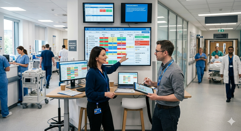 Illustration of healthcare workforce management showing a diverse hospital team with digital dashboards for scheduling, shift planning, and staff performance tracking in a modern control center.
