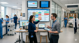 Illustration of healthcare workforce management showing a diverse hospital team with digital dashboards for scheduling, shift planning, and staff performance tracking in a modern control center.