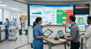 Healthcare workforce management software dashboard with AI nurse scheduling and real-time staffing