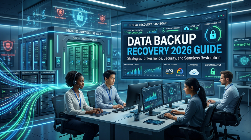 Futuristic 16:9 illustration of a secure digital vault with data streams flowing to backup servers, IT professionals monitoring recovery dashboards on screens with cloud icons and locks, blue-green gradients, charts, subtle cyber threats in background, titled "Data Backup Recovery 2026 Guide".