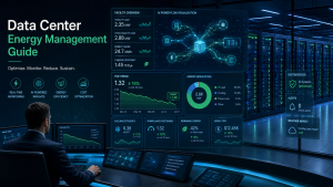 Futuristic data center control room featuring holographic dashboards with real-time energy metrics, AI-optimized power flows, declining PUE graphs, and server racks illuminated in blue-green neon; symbolizes advanced energy management software architecture and benefits (see the generated image above