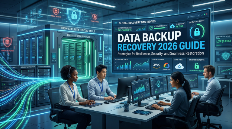 Futuristic 16:9 illustration of a secure digital vault with data streams flowing to backup servers, IT professionals monitoring recovery dashboards on screens with cloud icons and locks, blue-green gradients, charts, subtle cyber threats in background, titled "Data Backup Recovery 2026 Guide". (see the generated image above)