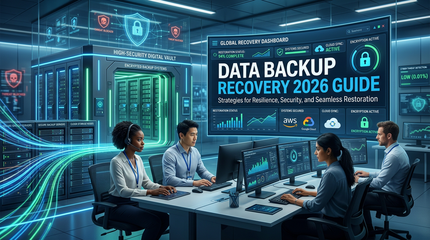 Futuristic 16:9 illustration of a secure digital vault with data streams flowing to backup servers, IT professionals monitoring recovery dashboards on screens with cloud icons and locks, blue-green gradients, charts, subtle cyber threats in background, titled "Data Backup Recovery 2026 Guide". (see the generated image above)