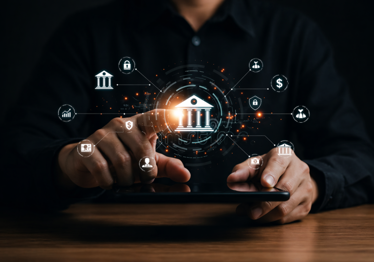 Secure UPI payment flow 2026: Phone scanning QR code → encrypted data stream → RBI 2FA biometric shield → AI fraud detection → bank approval → merchant instant payment. Delhi skyline, neon cybersecurity theme.