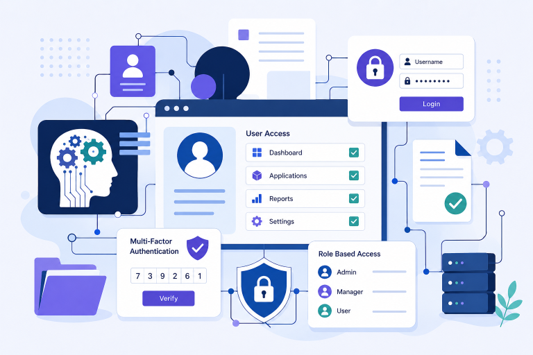 Illustration of an enterprise identity management system featuring user access dashboards, multi-factor authentication, secure login, role-based access control, and cybersecurity elements connected through a modern digital network interface in blue and purple tones.