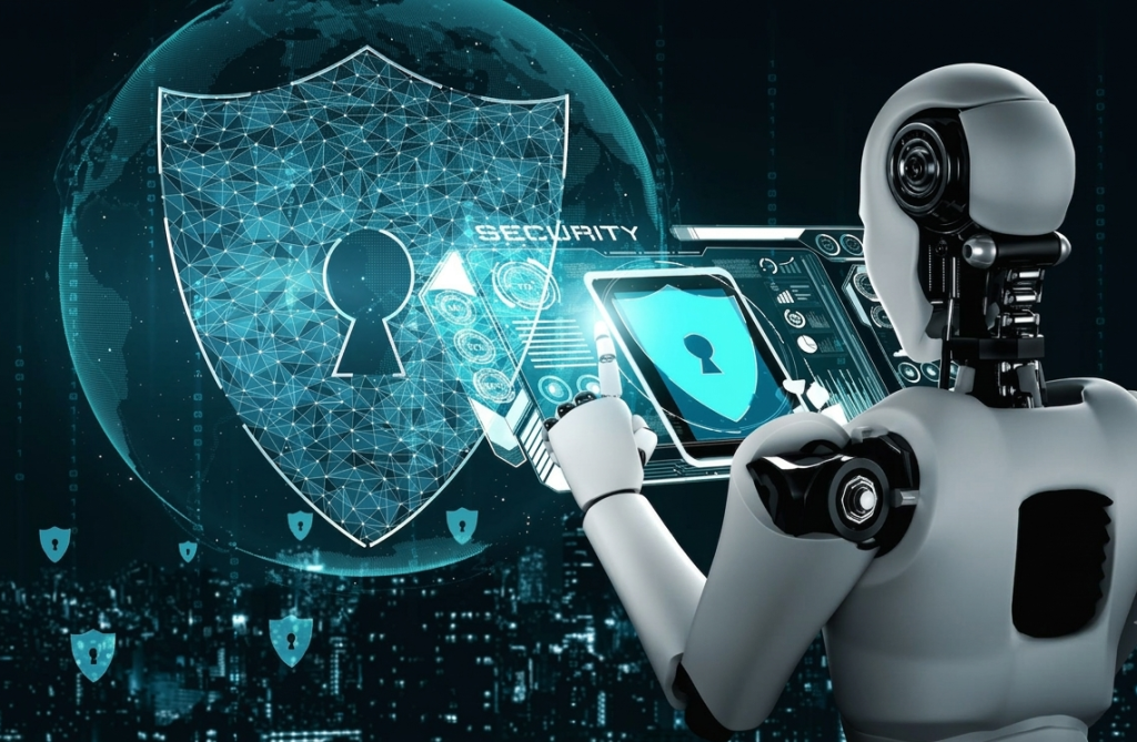 Cybersecurity team analyzing AI-driven cyber attack patterns, phishing threats, deepfakes, and adaptive malware risks on a digital dashboard.