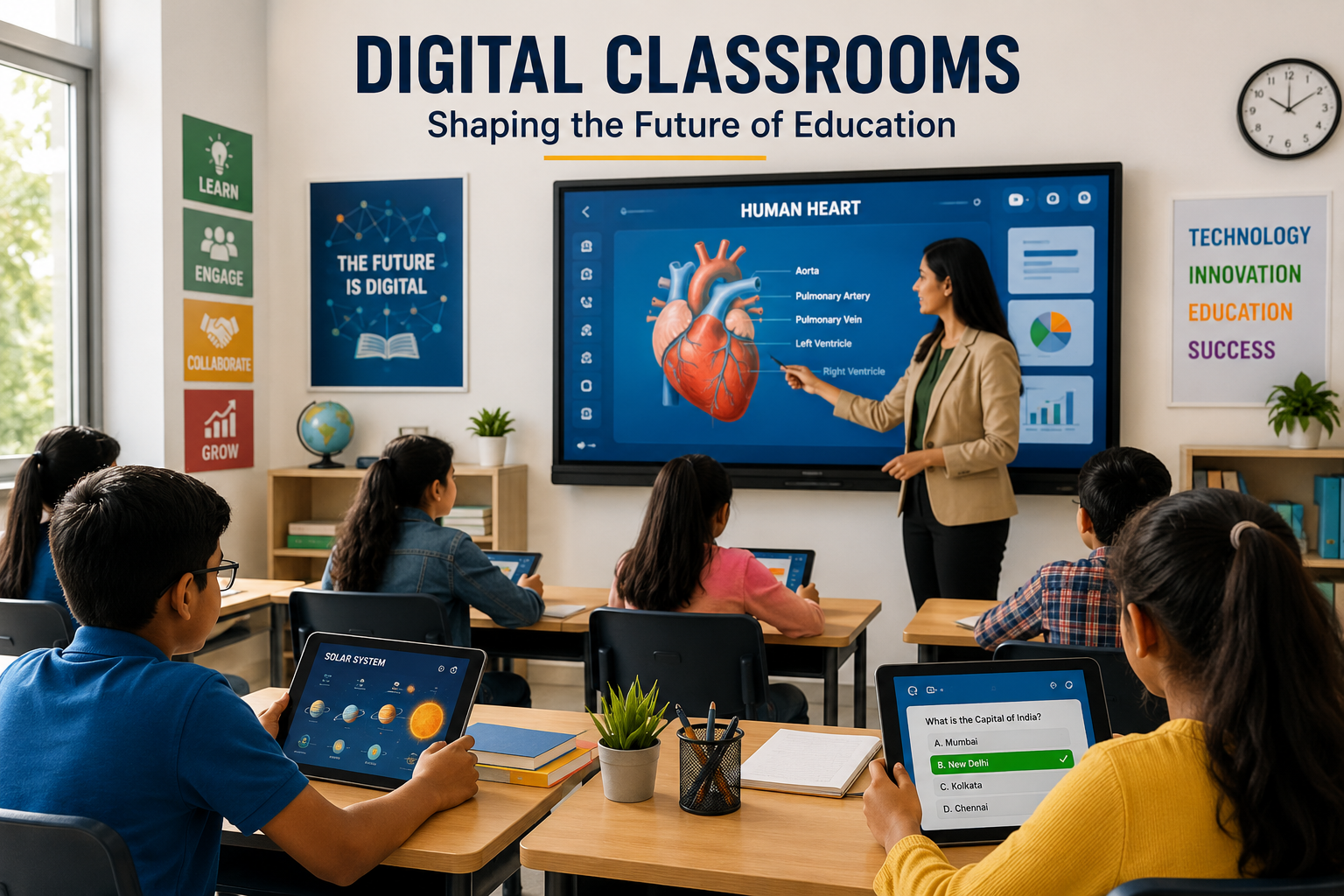 Students learning in a modern digital classroom using interactive technology