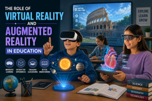 Students using virtual reality and augmented reality for immersive learning