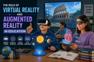 Students using virtual reality and augmented reality for immersive learning