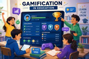 Students using gamification and interactive learning tools in education